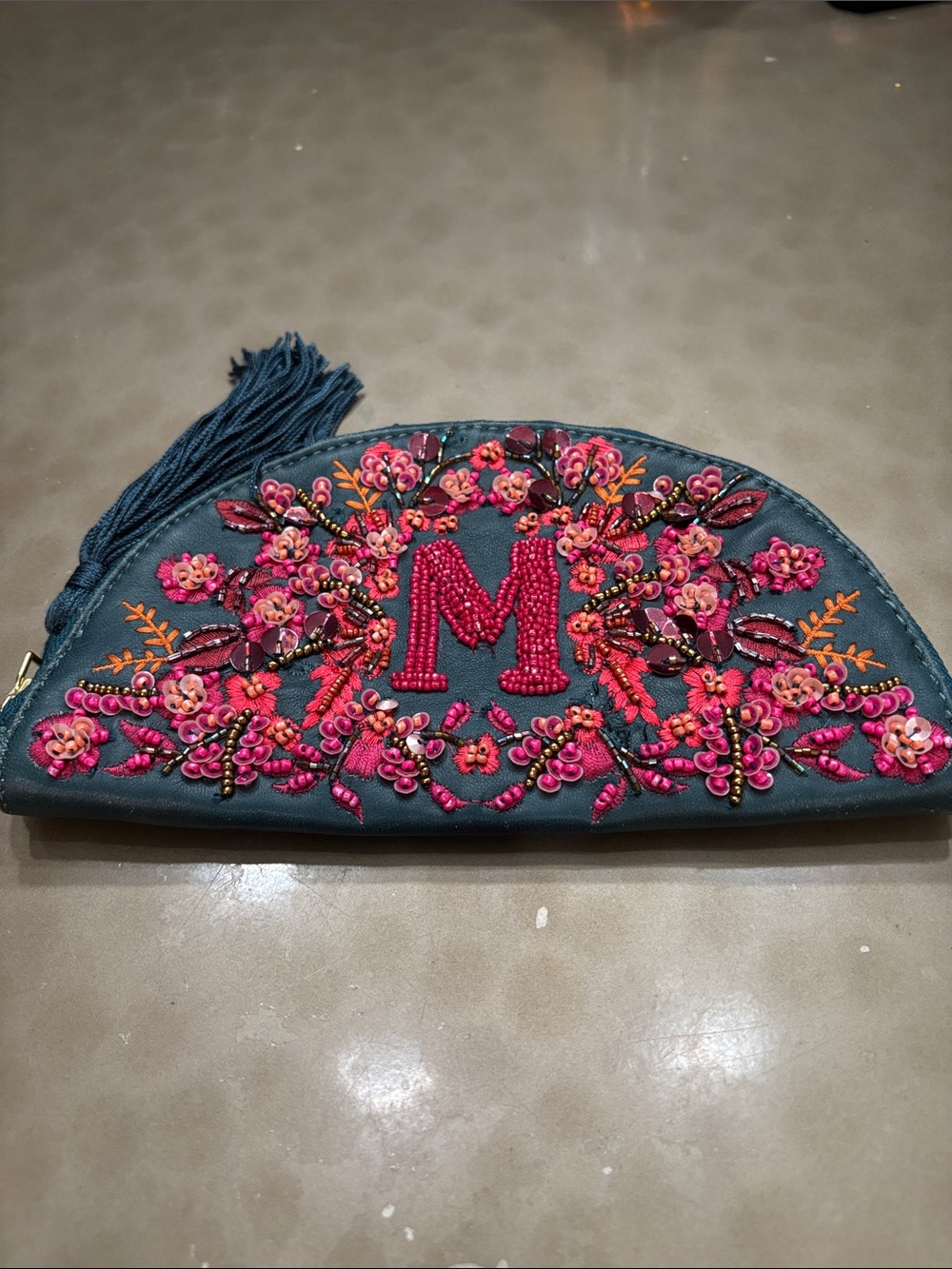 Anthropologie Teal Half-Moon Clutch with Pink Embroidery